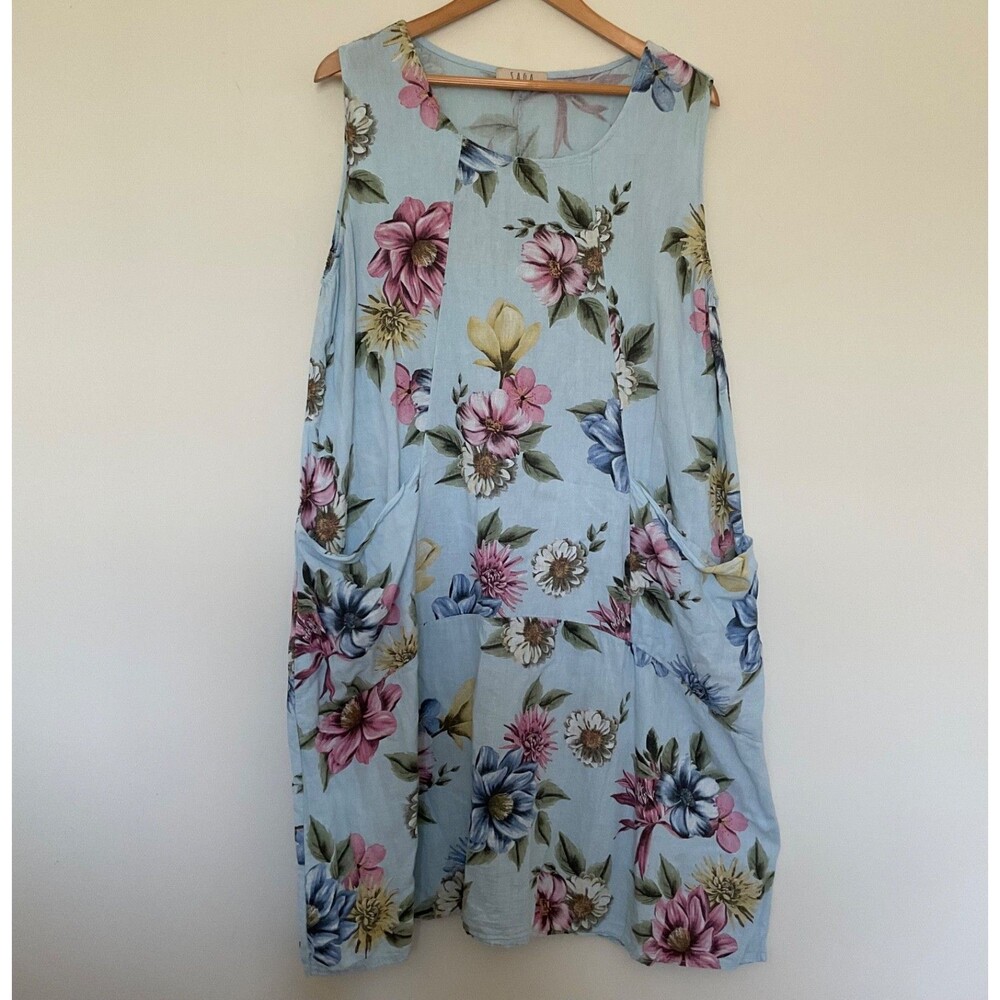 Saga Italy 100% Linen Floral Dress Blue Lagenlook Pockets One Size Artsy Coastal